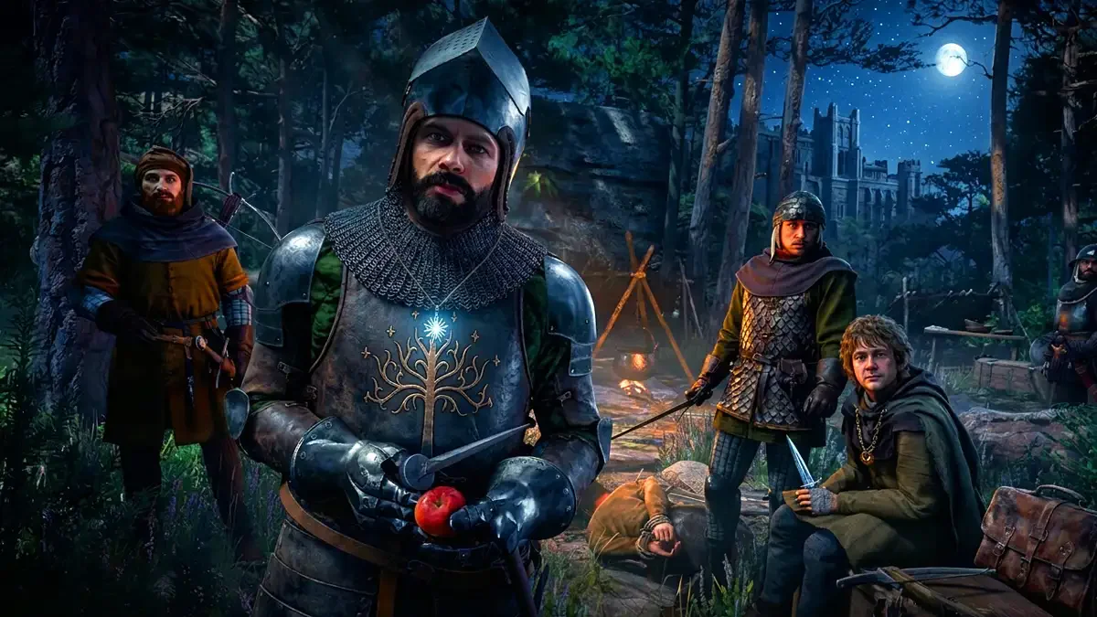 Un caballero con armadura de combate, casco y barba, sostiene una manzana roja mientras luce el emblema de un árbol estilizado en su peto. La imagen muestra el detallado estilo medieval de un RPG, característico de los juegos de Warhorse Studios como Kingdom Come: Deliverance.