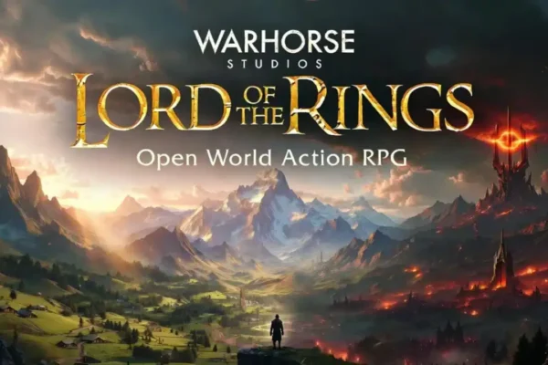 Arte conceptual del videojuego RPG de El Señor de los Anillos desarrollado por Warhorse Studios, mostrando un paisaje épico y una torre oscura.